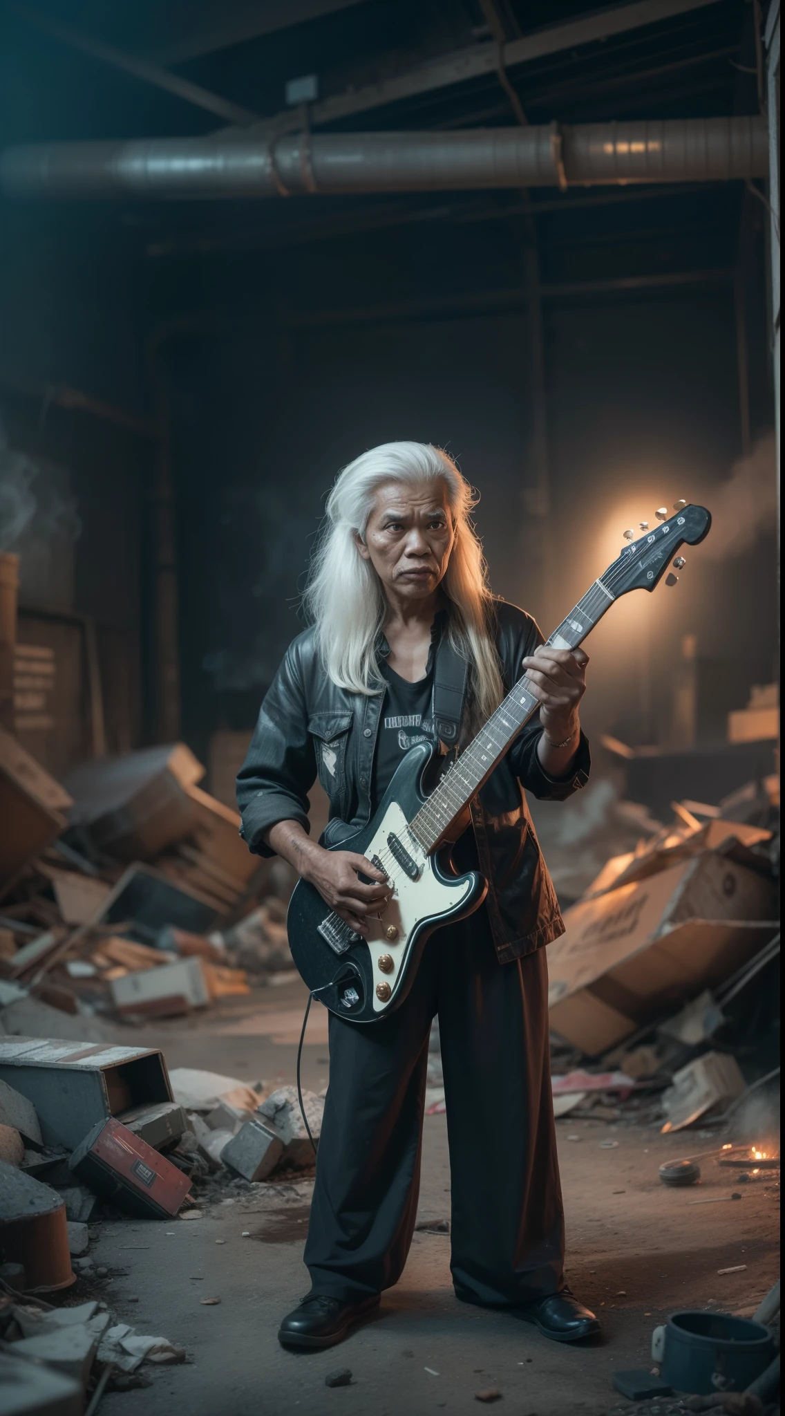 a 70 years old malay man in super mario costume outfit with long rock band hair playing electric guitar in waste disposal site, night, serious face, nighttime, in school of rock movie style, hyper - realistic photography, dramatic effect, smoke effect in background, dark color grading, full body, 8k, close - up shot, extreme close - up photo