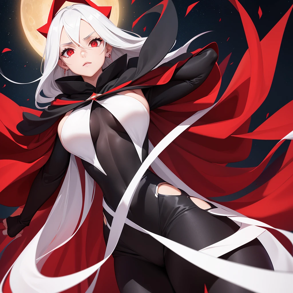 Woman, wearing black suit with white markings, On uer head, her white outlines resemble the symbol of a multi pointed star, verticals white lines on chest but horizontal on arms, wearing a glowing red cloak with ethereal red humanoid arms and hands extending from the red cloak, has a third red eye on his forehead resembling the moon