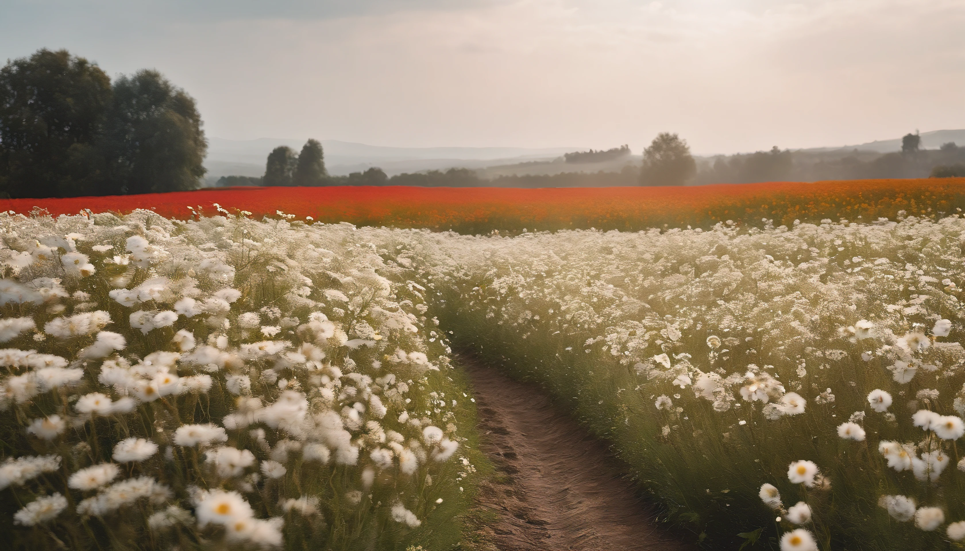 in a field of flowers, There are flowers, The aesthetic realm of flowers，White flowers，vast flower fields，There is a path in the middle of the flower field，There is a path in the center of the screen，There is a very narrow road，The road leads to the distance，Things are real when seen up close, But it’s blurry in the distance.，A large field of flowers，The picture is vivid，フォトリアリスティック，detail-rich