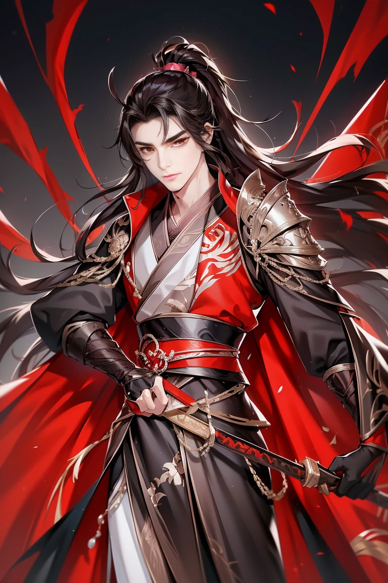 handsome man, Hanfu, luxurious black uniform, shoulder armor, (taken from the front) embracing a beautiful girl in pink, with black long hair, red eyes, at night, Asian interior architecture, carved wooden windows, pink curtains, (best quality, 16k, masterpiece:1.2).