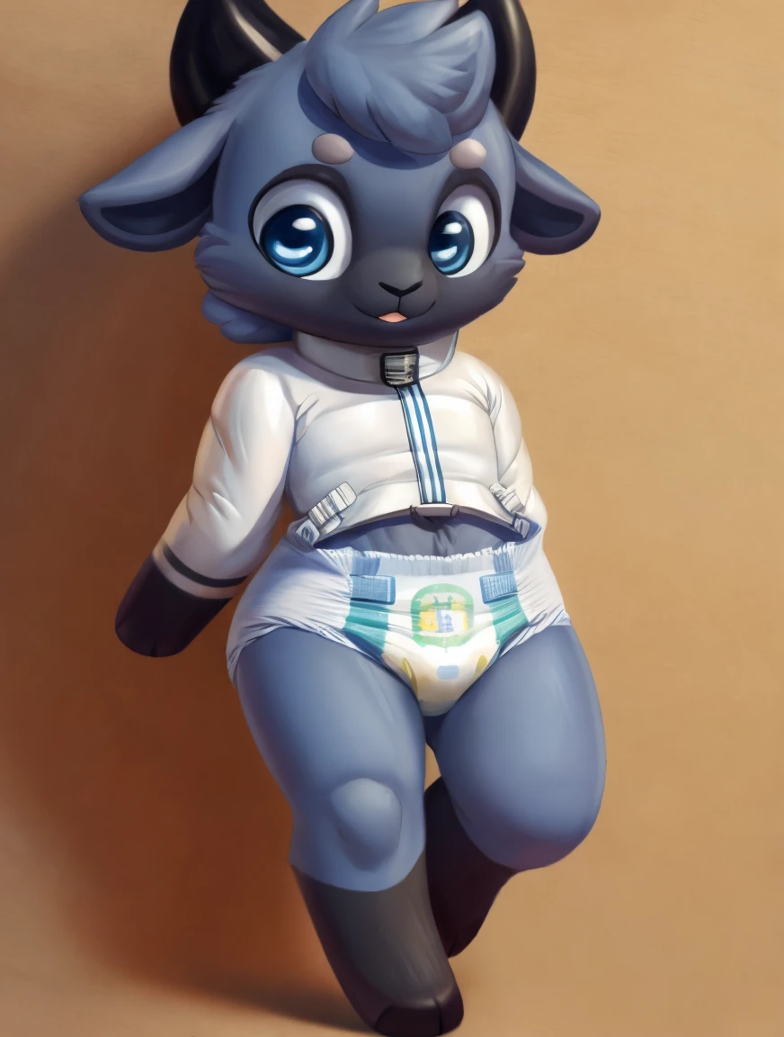 Lamb , blue fur ,masterpiece,best quality,Highest picture quality, cute, chibi, creature, walking , ( wearing  diaper straitjacket), =3,