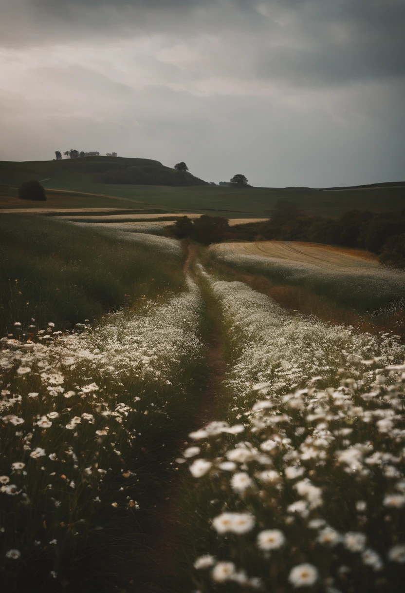 in a field of flowers, There are flowers, The aesthetic realm of flowers,White flowers,vast flower fields,There is a path in the middle of the flower field,There is a path in the center of the screen,There is a very narrow road,The road leads to the distance,Things are real when seen up close, But it’s blurry in the distance.,A large field of flowers,The picture is vivid,フォトリアリスティック,detail-rich