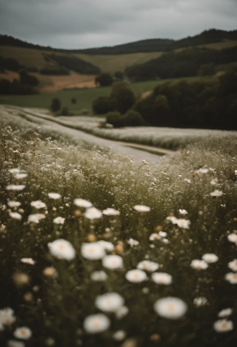 in a field of flowers, There are flowers, The aesthetic realm of flowers,White flowers,vast flower fields,There is a path in the middle of the flower field,There is a path in the center of the screen,There is a very narrow road,The road leads to the distance,Things are real when seen up close, But it’s blurry in the distance.,A large field of flowers,The picture is vivid,フォトリアリスティック,detail-rich