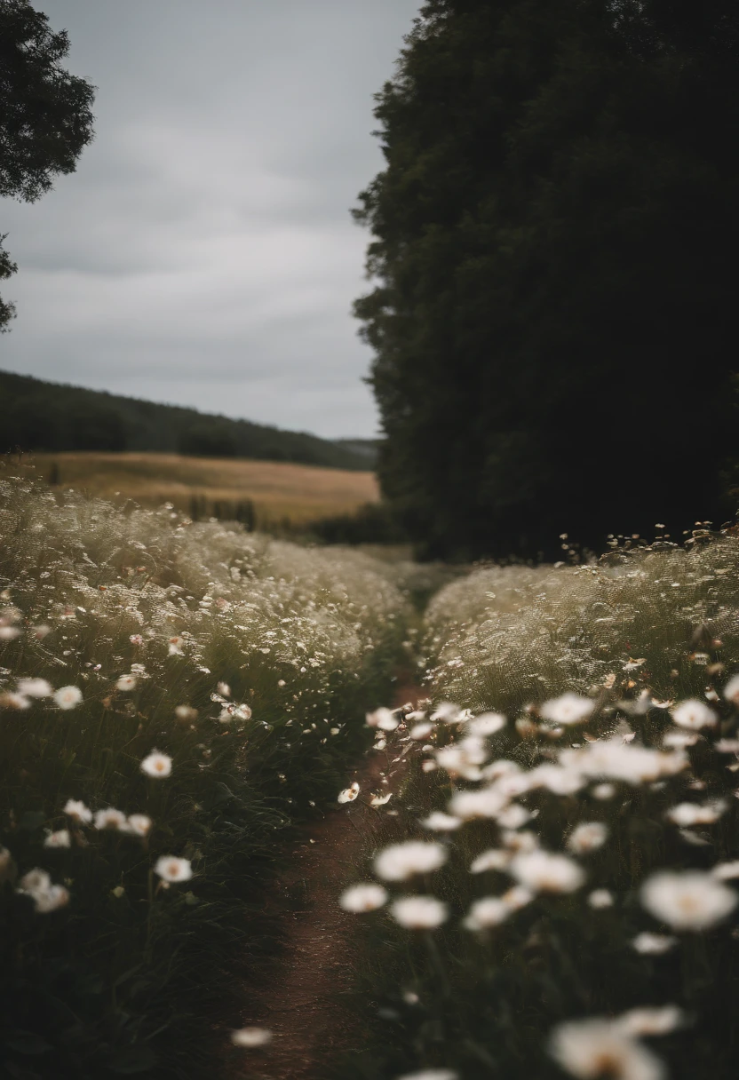 in a field of flowers, There are flowers, The aesthetic realm of flowers，White flowers，vast flower fields，There is a path in the middle of the flower field，There is a path in the center of the screen，There is a very narrow road，The road leads to the distance，Things are real when seen up close, But it’s blurry in the distance.，A large field of flowers，The picture is vivid，フォトリアリスティック，detail-rich