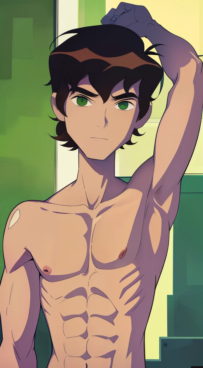 Highres, Masterpiece, Best quality at best,Best Quality,hight quality, hight detailed, 1boy, bentennyson, green eyes, **-****-***, slim body, (showing armpit:1.3), (shirtless, topless, bare chest), without cloth, upper body,  the day