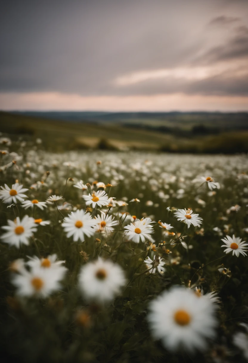 in a field of flowers, There are flowers, The aesthetic realm of flowers，White flowers，vast flower fields，There is a path in the middle of the flower field，There is a path in the center of the screen，There is a very narrow road，The road leads to the distance，Things are real when seen up close, But it’s blurry in the distance.，A large field of flowers，The picture is vivid，フォトリアリスティック，detail-rich