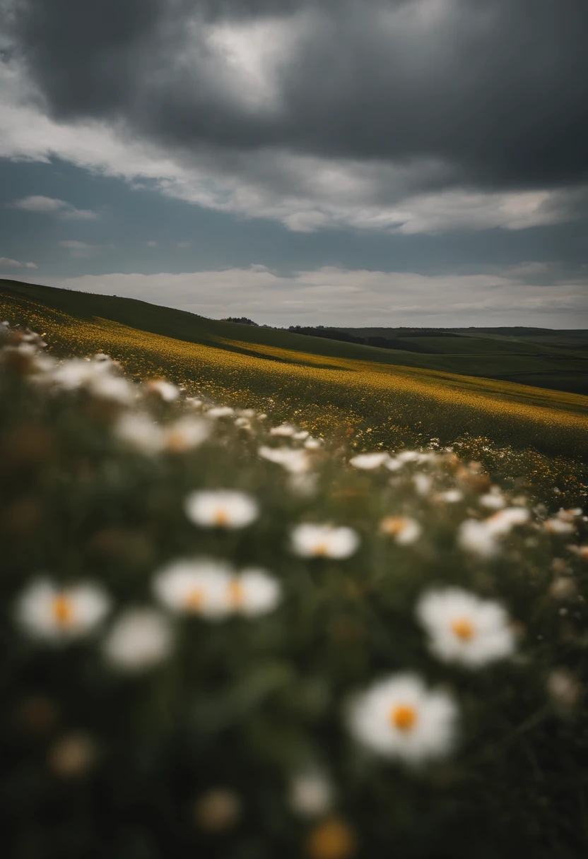 in a field of flowers, There are flowers, The aesthetic realm of flowers，White flowers，vast flower fields，There is a path in the middle of the flower field，There is a path in the center of the screen，There is a very narrow road，The road leads to the distance，Things are real when seen up close, But it’s blurry in the distance.，A large field of flowers，The picture is vivid，フォトリアリスティック，detail-rich