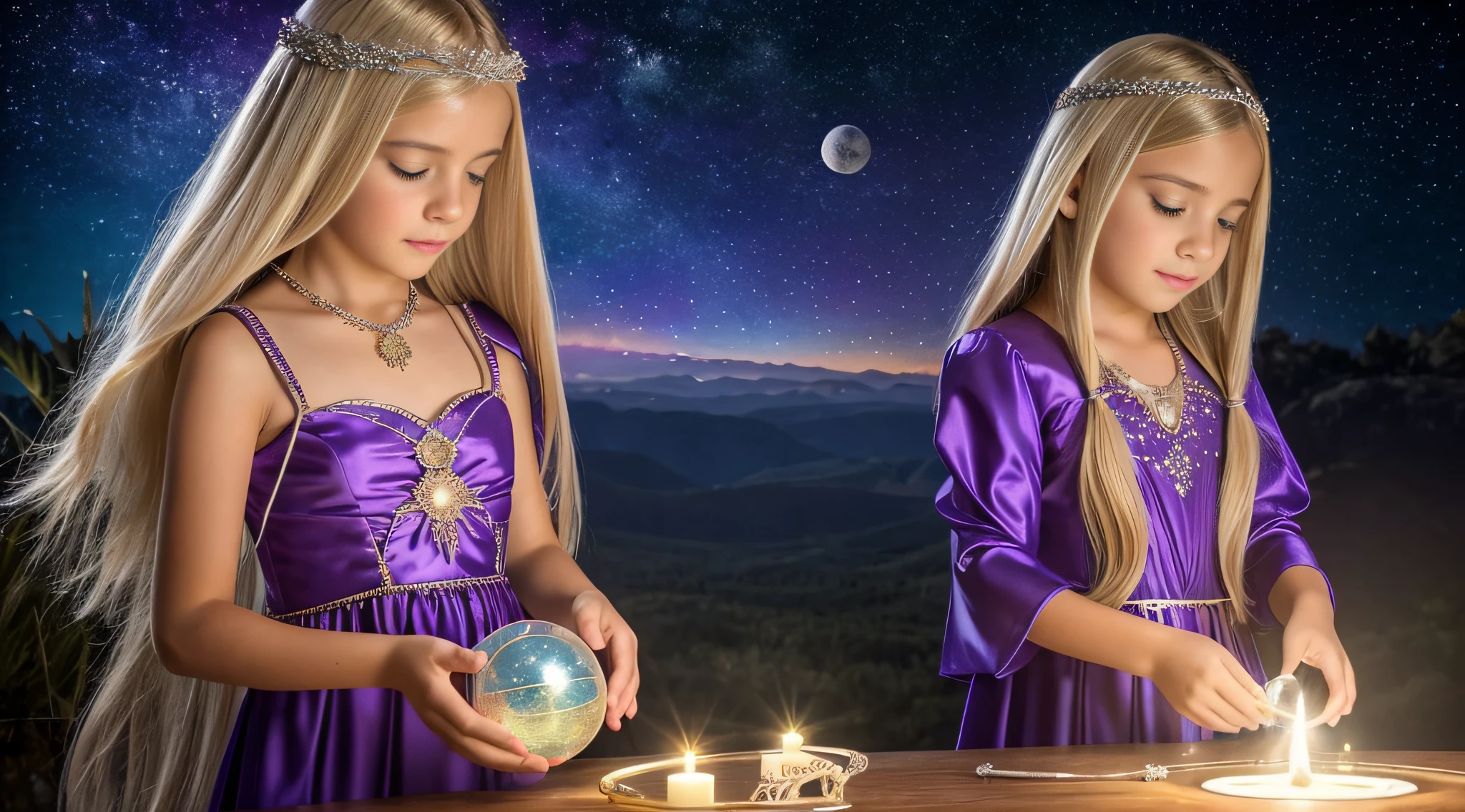 CHILD GIRL BLONDE LONG HAIR, in a purple dress holding a crystal ball in her hands, segurando uma bola de cristal, bola de cristal, uma mulher segurando um orbe, adivinho, bruxo ponderando seu orbe, spell casting wizard, casting a protection spell, a sorceress casting a ice ball, spell casting, dressed as an oracle, segurando uma esfera brilhante de dados