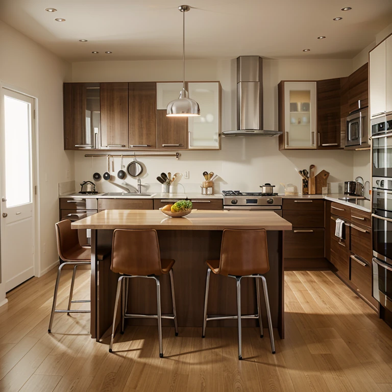 I created a modern kitchen with modern furniture in babe and brown colors.