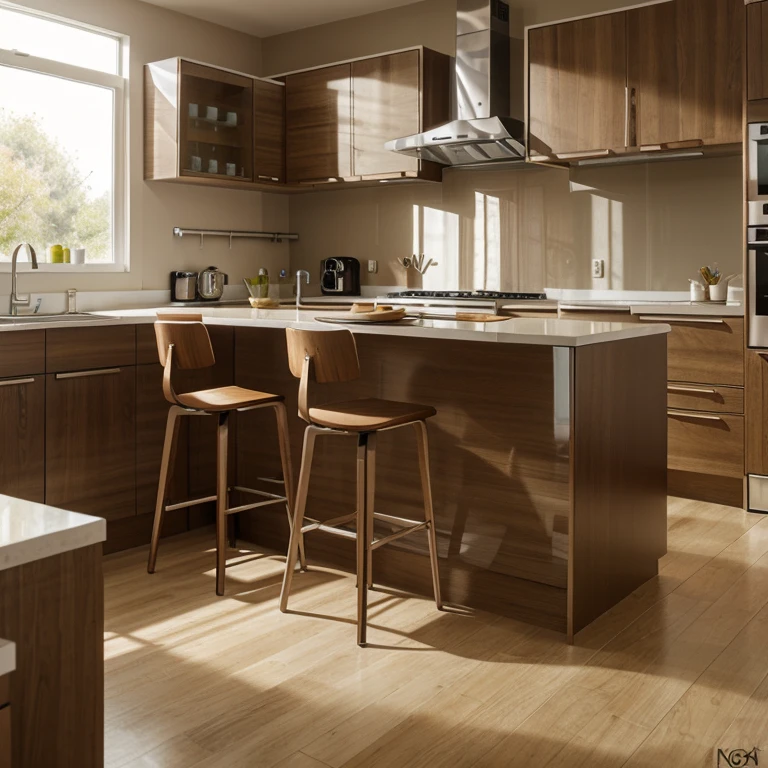 I created a modern kitchen with modern furniture in babe and brown colors.