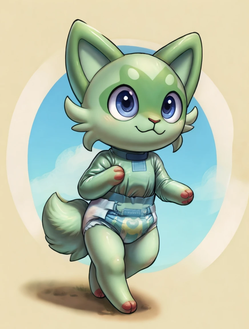 Lamb , blue fur ,masterpiece,best quality,Highest picture quality, cute, chibi, creature, walking , ( wearing  diaper straitjacket), =3,