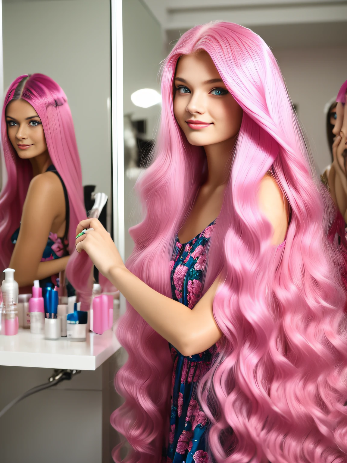 Modelo de 18 anos, Ela tem longos cabelos rosa, olhos azuis, e batom natural, she is wearing a pink dress with ruffles and is brushing her hair in a beauty salon with a professional who is drying it.