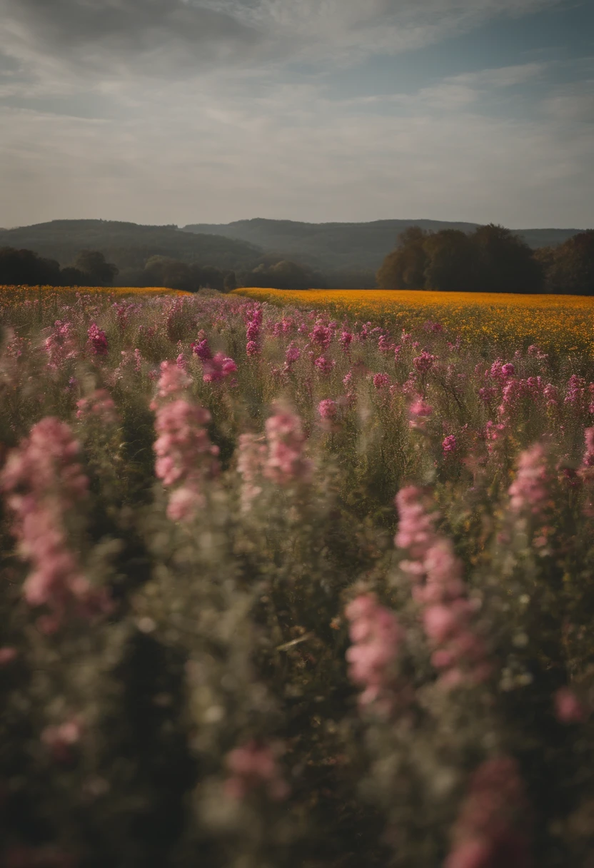 in a field of flowers, There are flowers, The aesthetic realm of flowers,White flowers,vast flower fields,There is a path in the middle of the flower field,There is a path in the center of the screen,There is a very narrow road,The road leads to the distance,Sunnyday,and the sun was shining brightly,The weather was nice,Things are real when seen up close, But it’s blurry in the distance.,A large field of flowers,The picture is vivid,フォトリアリスティック,detail-rich