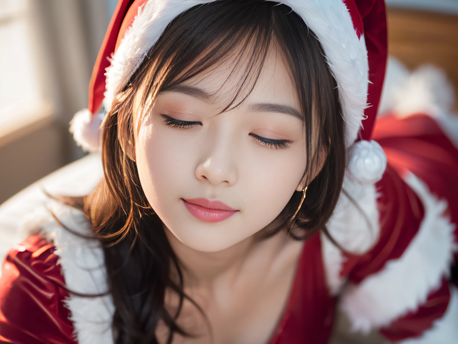 (top-quality、8K、32K、masterpiece,)Beautuful Women、red loose sweater、Santa's Hat、Panties with string、Lying down、Shot from the side、Looks fun、pile of presents((real face))profile、profile、Warm atmosphere((no makeup on my face)