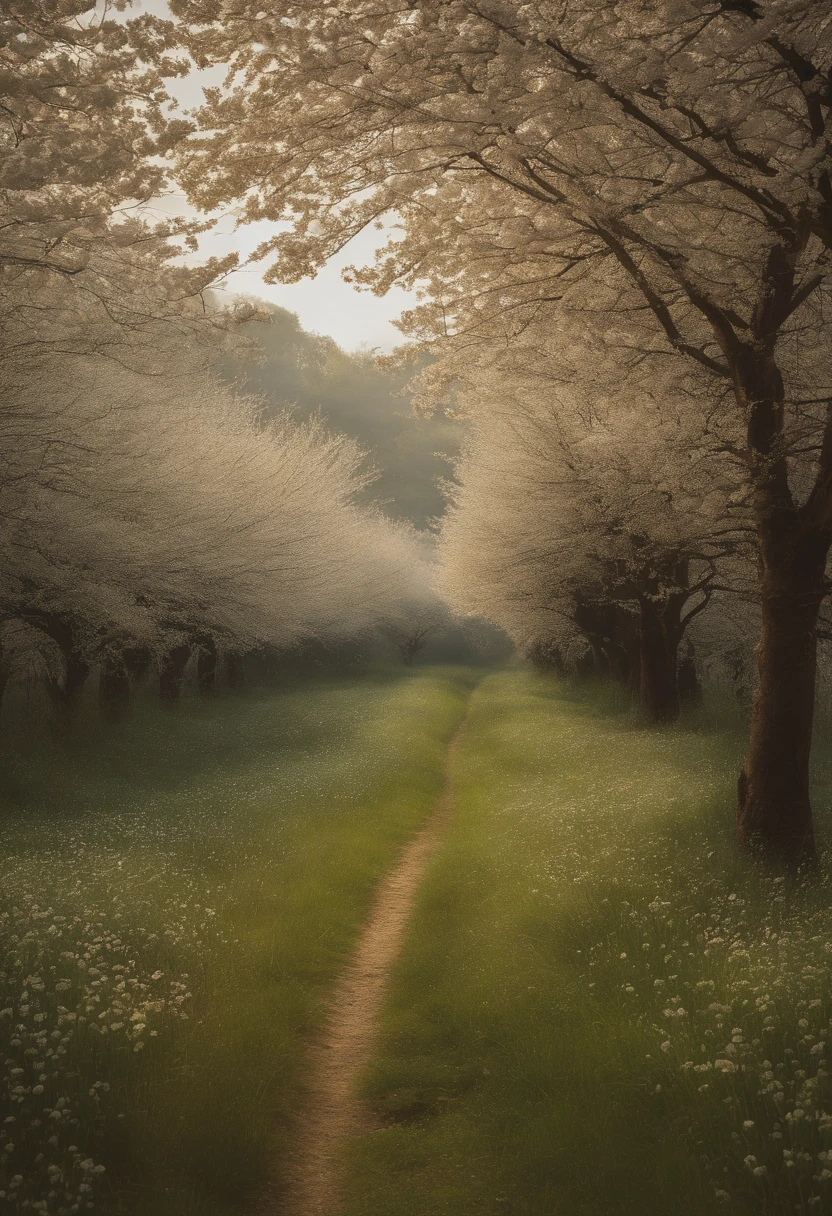in a field of flowers, There are flowers, The aesthetic realm of flowers,White flowers,vast flower fields,There is a path in the middle of the flower field,There is a path in the center of the screen,There is a very narrow road,The road leads to the distance,Sunnyday,and the sun was shining brightly,The weather was nice,Things are real when seen up close, But it’s blurry in the distance.,A large field of flowers,The picture is vivid,フォトリアリスティック,detail-rich