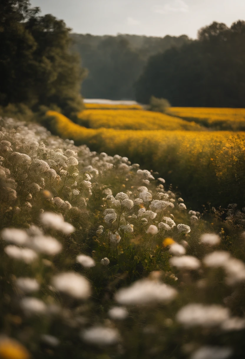 in a field of flowers, There are flowers, The aesthetic realm of flowers,White flowers,vast flower fields,There is a path in the middle of the flower field,There is a path in the center of the screen,There is a very narrow road,The road leads to the distance,Sunnyday,and the sun was shining brightly,The weather was nice,Things are real when seen up close, But it’s blurry in the distance.,A large field of flowers,The picture is vivid,フォトリアリスティック,detail-rich