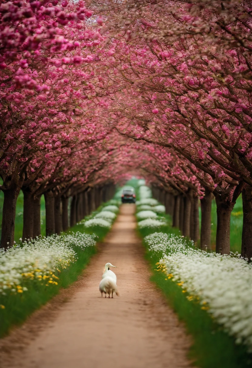 in a field of flowers, There are flowers, The aesthetic realm of flowers,White flowers,vast flower fields,There is a path in the middle of the flower field,There is a path in the center of the screen,There is a very narrow road,The road leads to the distance,Sunnyday,and the sun was shining brightly,The weather was nice,Things are real when seen up close, But it’s blurry in the distance.,A large field of flowers,The picture is vivid,フォトリアリスティック,detail-rich