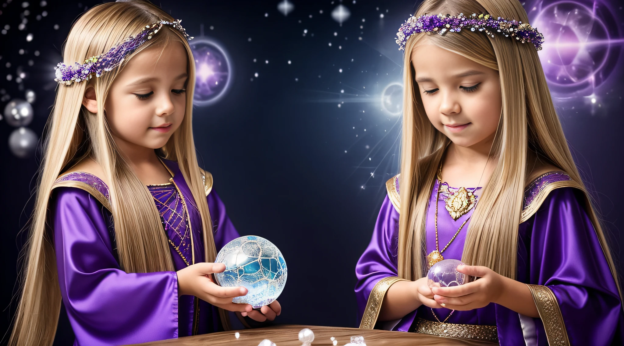 CHILD GIRL BLONDE LONG HAIR, in a purple dress holding a crystal ball in her hands, segurando uma bola de cristal, bola de cristal, uma mulher segurando um orbe, adivinho, bruxo ponderando seu orbe, spell casting wizard, casting a protection spell, a sorceress casting a ice ball, spell casting, dressed as an oracle, segurando uma esfera brilhante de dados