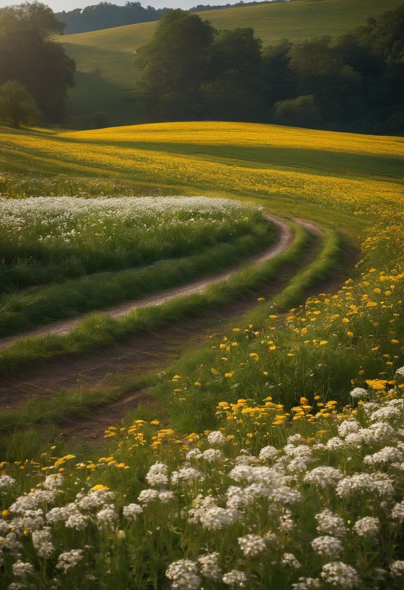 in a field of flowers, There are flowers, The aesthetic realm of flowers,White flowers,vast flower fields,There is a path in the middle of the flower field,There is a path in the center of the screen,There is a very narrow road,The road leads to the distance,Sunnyday,and the sun was shining brightly,The weather was nice,Things are real when seen up close, But it’s blurry in the distance.,A large field of flowers,The picture is vivid,フォトリアリスティック,detail-rich