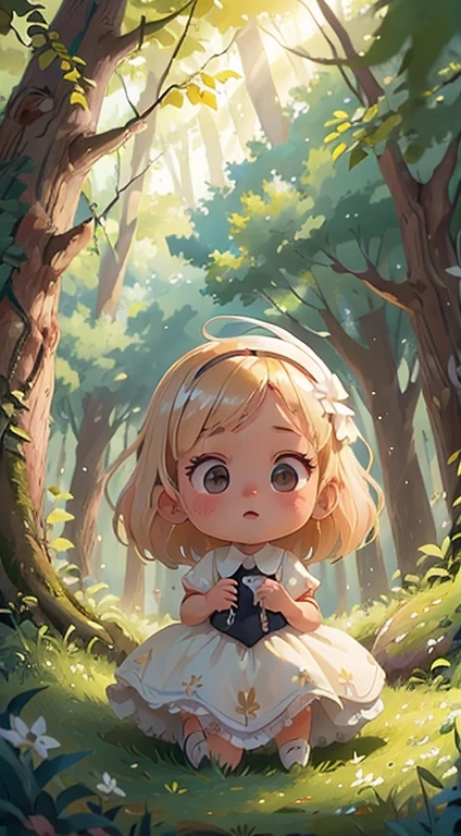 une petite fille blanche et blonde pleine d'energie et rieuse qui se promène dans la forêt