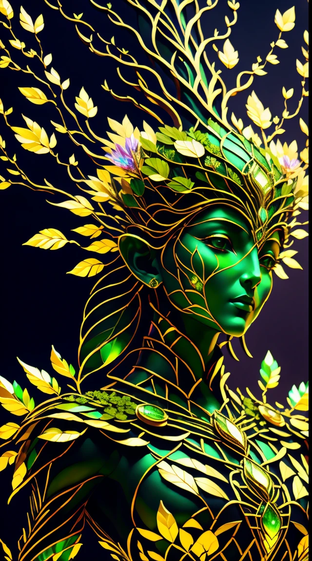 Plant Maiden,Vine Princess,Witch of Thorns,Beautiful line art photo,Use gold strokes and rainbow paint,Golden Maiden,the golden ratio,Melted wax,Visible brush strokes,surrounded by crystal spheres,3D Mosaic Wireframe,neuroimaging,neurons,The Tree of Life,colours,California,intense emotion,Oil on canvas,Thick strokes,insanely details,8k ultra high definition,tmasterpiece,art stations,ultra-realistic realism,plant witch,Vine Queen,Witch of Thorns