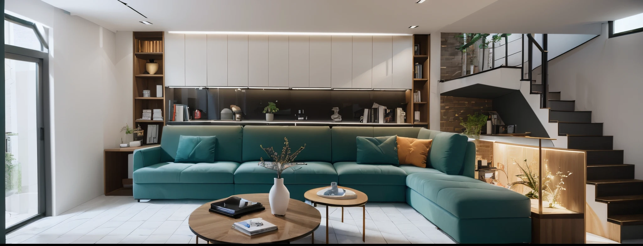 morden space design, (((volumetric light:1.2))), (Masterpiece,best quality,8k uhd,dslr,soft lighting,high quality,hyper detail,film grain,Fujifilm XT3, UE 5 render 8k, super high resolution, supper detail:1.2), color block wall decor, abtract poster decor, glossy terazzo floor:1.3,
