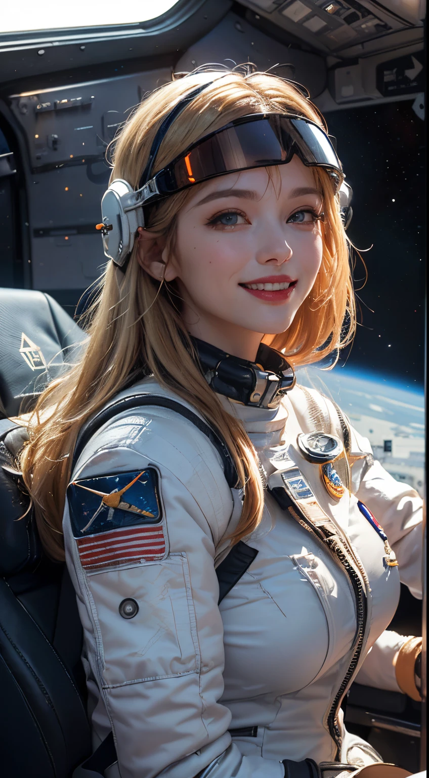 (best quality,4k,8k,highres,masterpiece:1.2), ultra-detailed, (realistic,photorealistic,photo-realistic:1.37), (beautiful detailed eyes, beautiful detailed red lips, extremely detailed eyes and face, long eyelashes, blond hair), studio lighting,physically-based rendering,vivid colors, (big tits, super big tits, super extra big tits, ass:0.8), (portrait, smile and laugh:1.5), (space punk, space suits, metallic materials, sharp and futuristic designs, geometric patterns, transitions, three-dimensional elements, LED lights, hardware decorations, glow-in-the-dark elements, futuristic helmets, transparent visors, LED lights, heads-up displays, patches and emblems representing aerospace organizations and space exploration missions, advanced functionality, breathability, temperature control, water resistance, survival in space environments Characteristics:1.2), (space ship, cockpit:1.5),