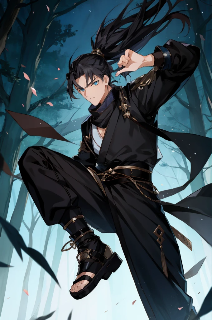 Anime boy with black hair and black clothes,Long gray hair，high ponytails，gilgamesh, grand order of destiny, style anime, Like fate/spend the night with, destiny / spend the night with, Portrait of a magical blond prince, handsome anime pose, Fate still stays at night, joseph joestar, male anime characters, Produced by Anime Painter Studio, 8K!