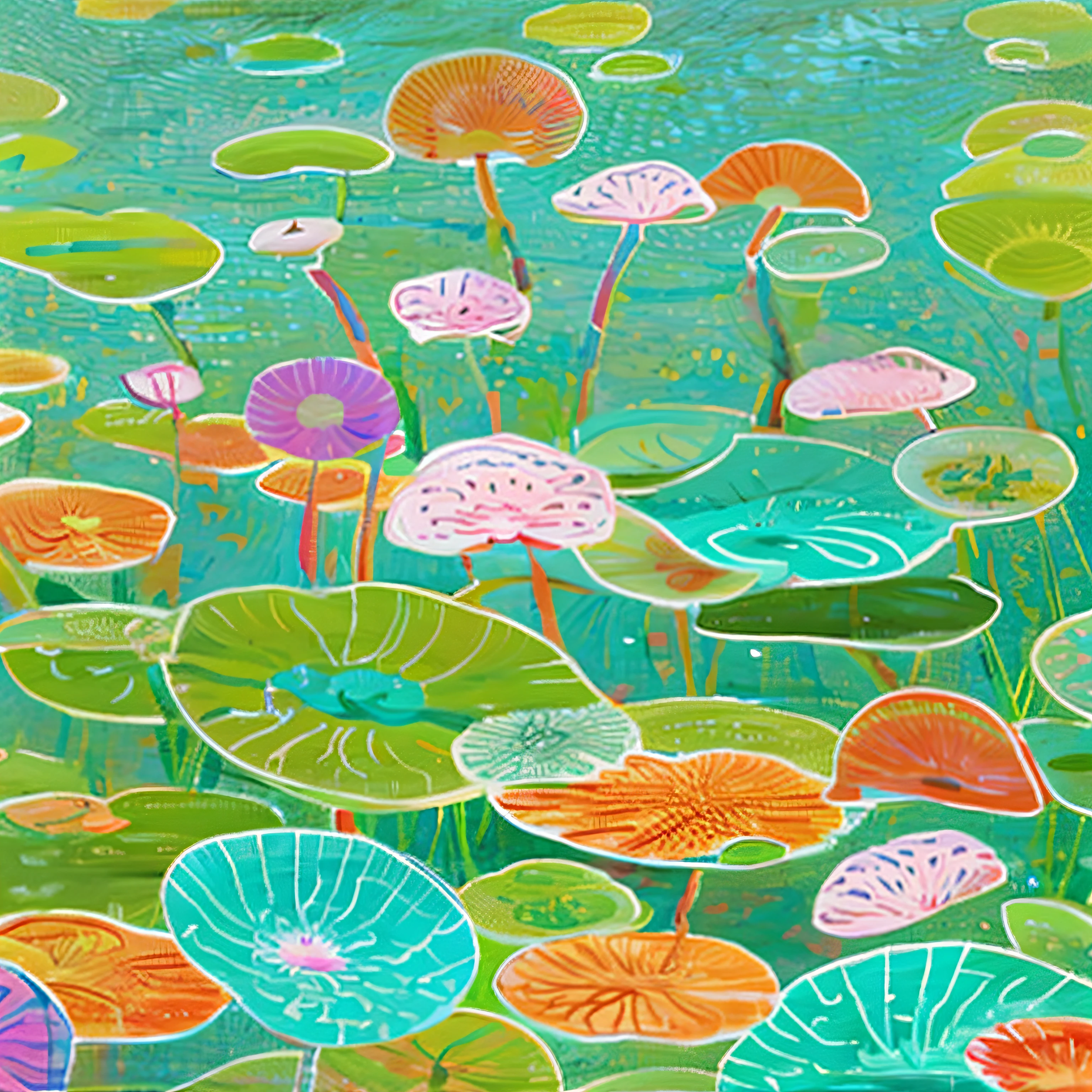 A painting with many lotus leaves of different colors, Lotus leaf, Green lotus leaves, lotus leaf lotus leaf pond, Lotus leaf pool, psychedelic vegetation, pond with lotus leaves,  plants growing on it. gouache painting, Alpine pond with many lotus leaves, Presented in gouache, author：David Brewster, detailed digital illustration，Pointillism，Pointillism，Pointillism，Impresionismo，many，8K，Best quality，A high resolution，line sleek