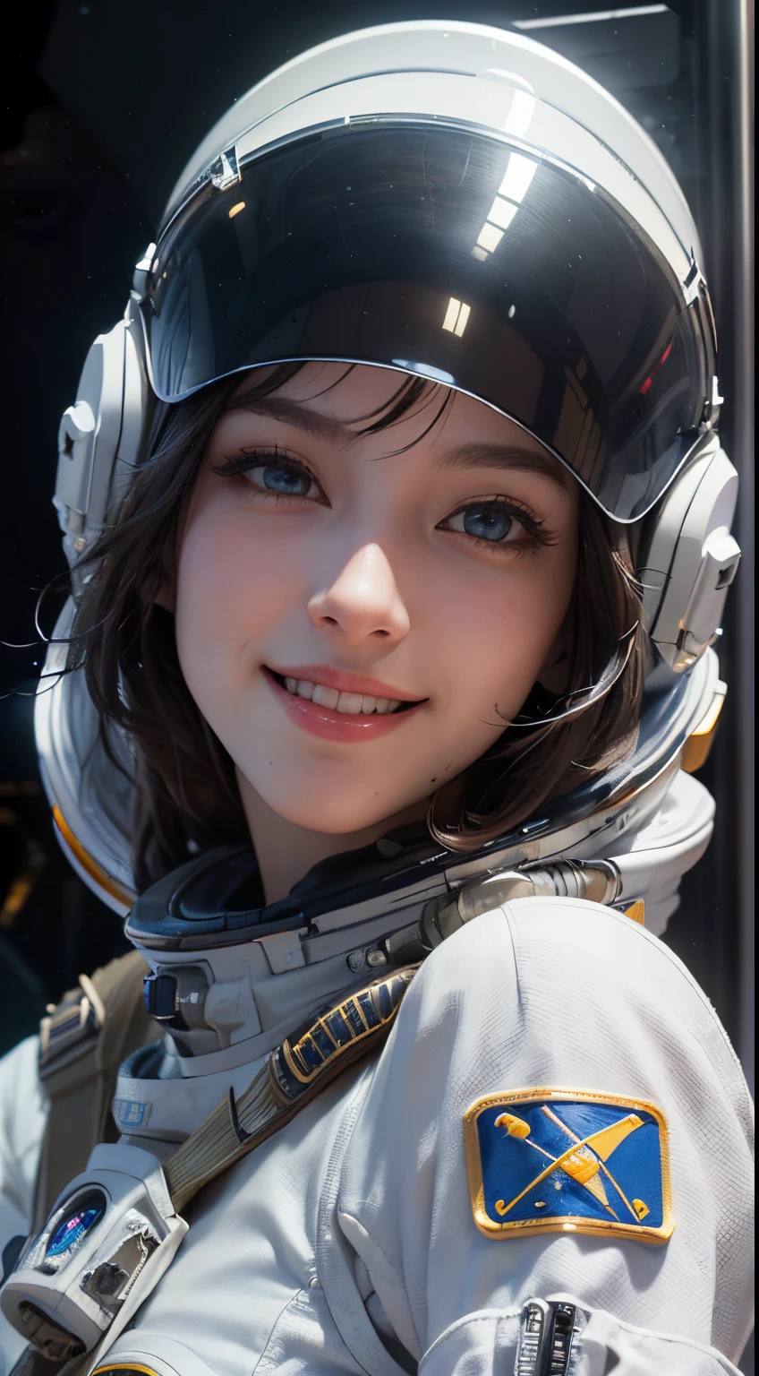 (best quality,4k,8k,highres,masterpiece:1.2), ultra-detailed, (realistic,photorealistic,photo-realistic:1.37), (beautiful detailed eyes, beautiful detailed lips, extremely detailed eyes and face, long eyelashes), studio lighting,physically-based rendering,vivid colors, (, super big titsextra big tits, ass:0.trait, smiand laugh:1.5), (space punk, space suits, metallic materials, sharp and futuristic designs, geometric patterns, transitions, three-dimensional elements, LED lights, hardware decorations, glow-in-the-dark elements, futuristic helmets, transparent visors, LED lights, heads-up displays, patches and emblems representing aerospace organizations and space exploration missions, advanced functionality, breathability, temperature control, water resistance, survival in space environments Characteristics:1.2), (space ship, cockpit:1.5),