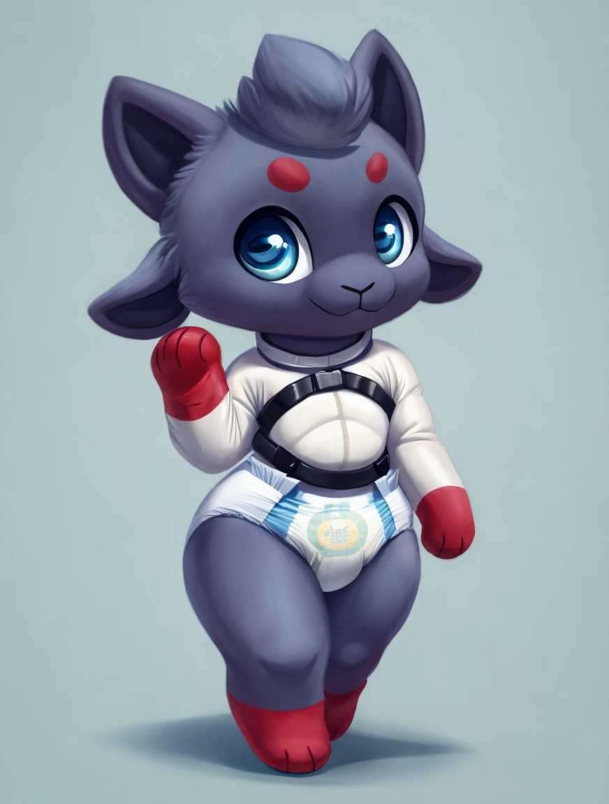 Lamb , blue fur ,masterpiece,best quality,Highest picture quality, cute, chibi, creature, walking , ( wearing  diaper straitjacket), baby mittens, =3,