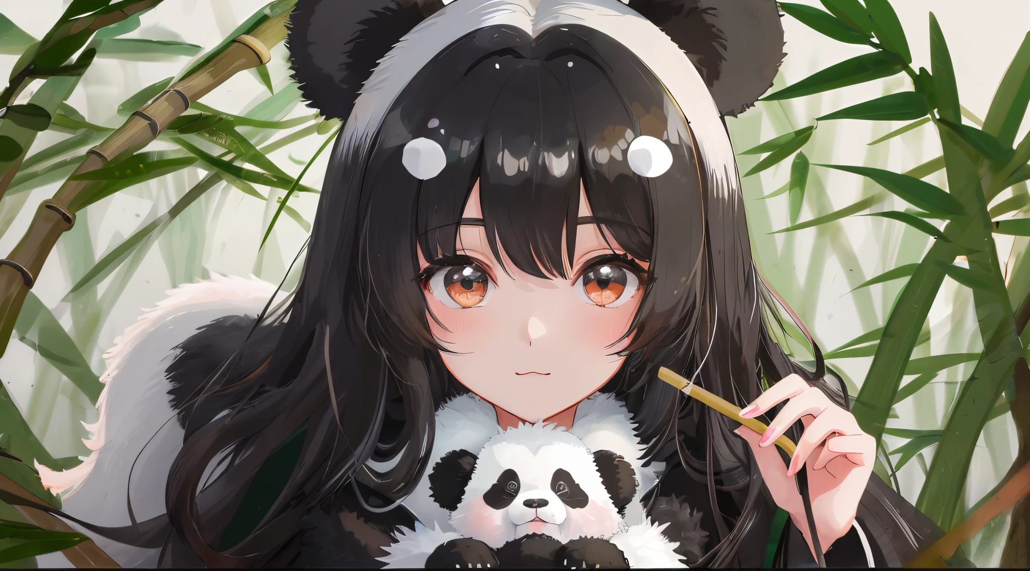 1girl ,orelhas de panda, tema panda, Floresta,(Excelente qualidade, master part), Foto em close-up, Iluminado, 可爱, playful expression, Felpudo, Pelo preto e branco, orelhas redondas, Patas, galho de bambu, bom foco.