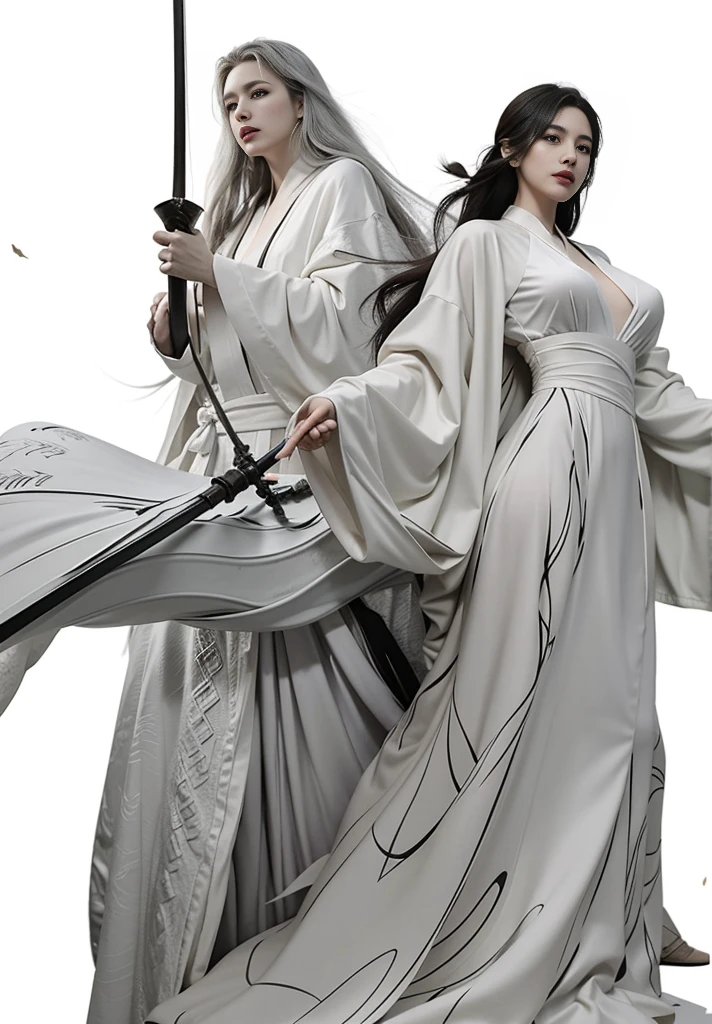 ภาพวาดของผู้หญิงในชุดยาวถือดาบ, Krenz Cushart and Wenjun Lin, Ruan Jia and Joao Ruas, Flowing hair and long coat, ruan jia and artgerm, by Yang J, Wear a flowing robe., Ross Tran and Bayard Wu, Onmyoji Detail Art, Artgerm and Ruan Jia