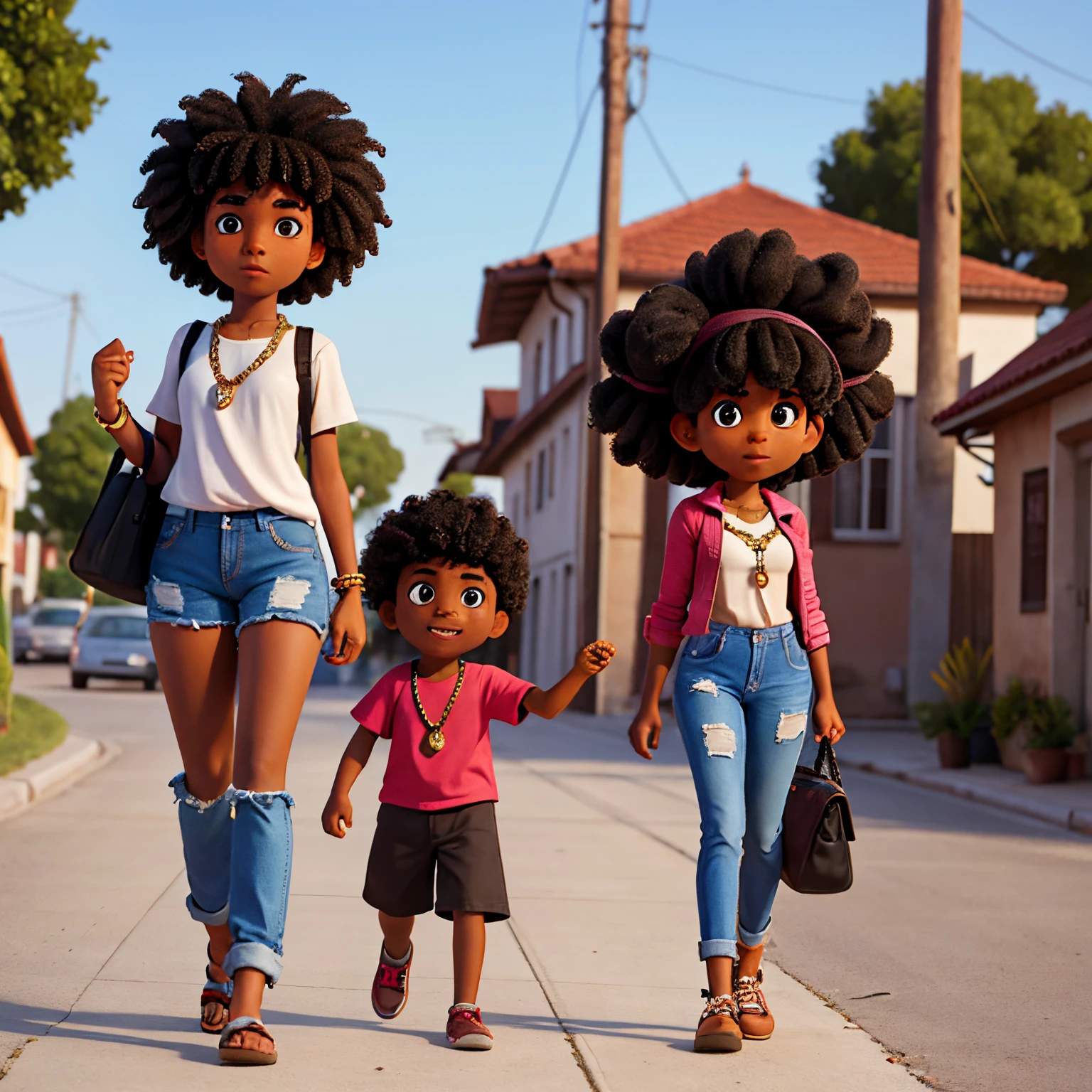 A brown skin 18 year old boy with a black Afro and chain walking around with two beautiful girls