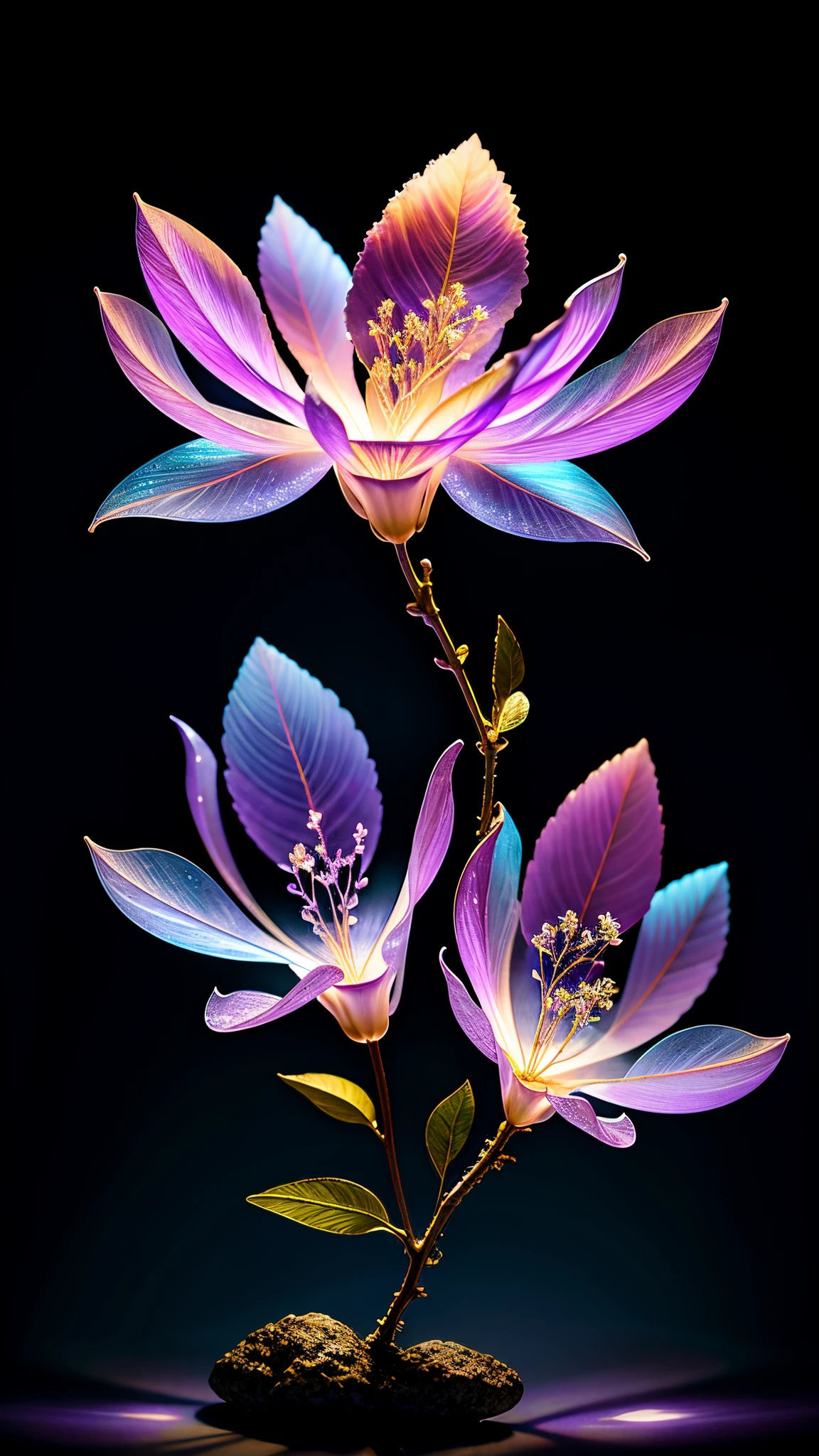 branch of delicate lilac flowers, super transparent, holy light, beautiful spectral light, petals glow, flashing, dark background, drops of transparent light, reflective light, bright, light streaming in, optics, portrait profile, sharp focus, magical, intricate, ultra realistic, fantasy, composition, light, trend on artstation, pearl, patronus cloud of silvery vapor, corrosive enveloping ray family, 8k, ureal ar 23v4 uplight