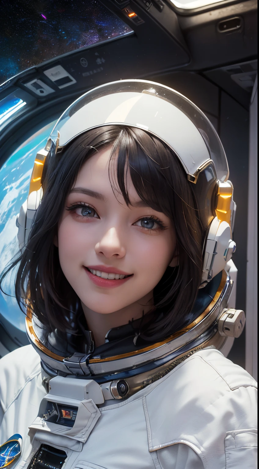 (best quality,4k,8k,highres,masterpiece:1.2), ultra-detailed, (realistic,photorealistic,photo-realistic:1.37), (beautiful detailed eyes, beautiful detailed lips, extremely detailed eyes and face, long eyelashes), studio lighting,physically-based rendering,vivid colors, (big tits, super big tits, super extra big tits, ass:0.8), (portrait, smile and laugh:1.5), (space punk, space suits, metallic materials, sharp and futuristic designs, geometric patterns, transitions, three-dimensional elements, LED lights, hardware decorations, glow-in-the-dark elements, futuristic helmets, transparent visors, LED lights, heads-up displays, patches and emblems representing aerospace organizations and space exploration missions, advanced functionality, breathability, temperature control, water resistance, survival in space environments Characteristics:1.2), (space ship, cockpit:1.5),