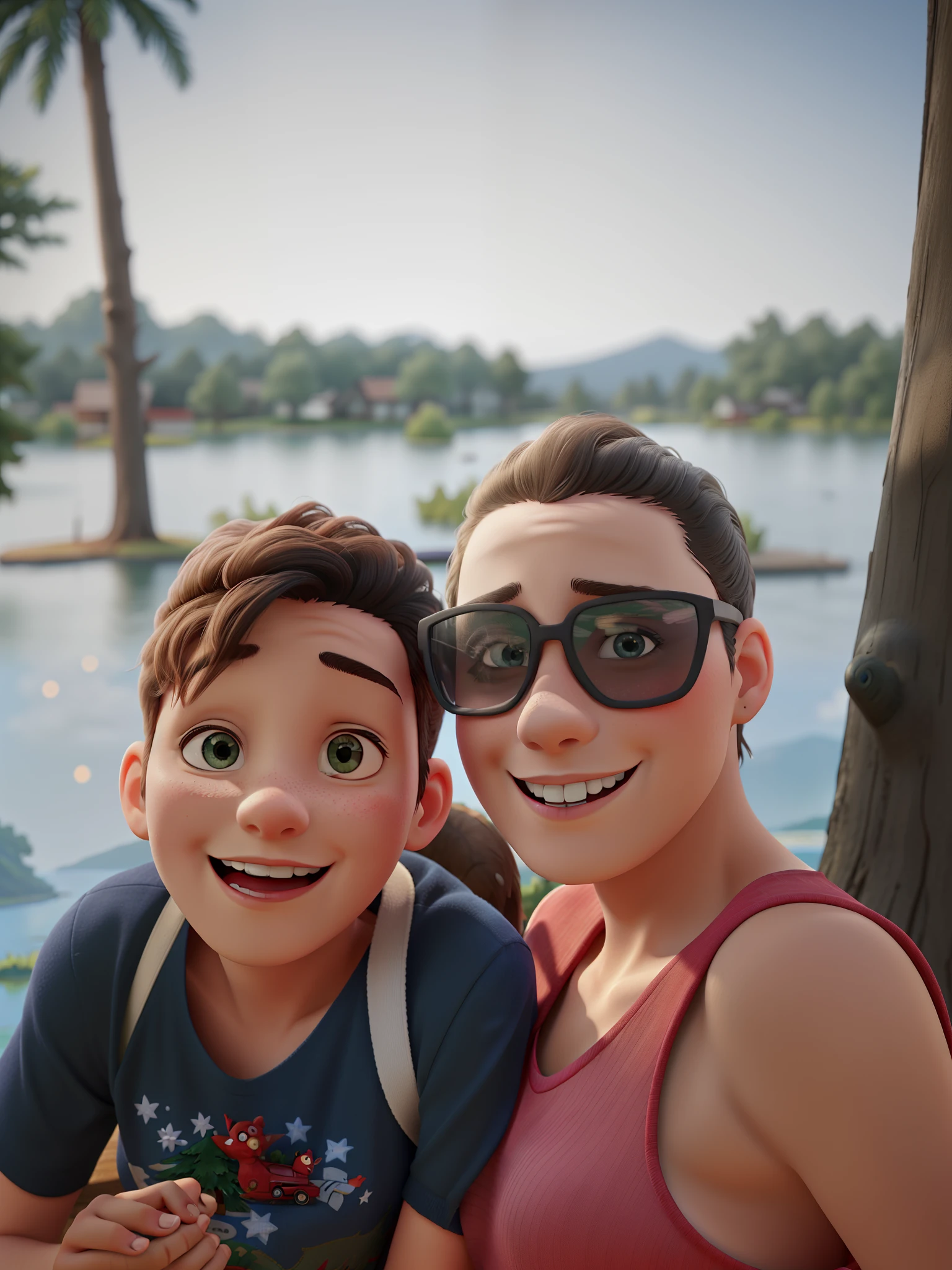 Mom and son having fun on a hot day, with trees, birds, lake and a Christmas Tree in the background