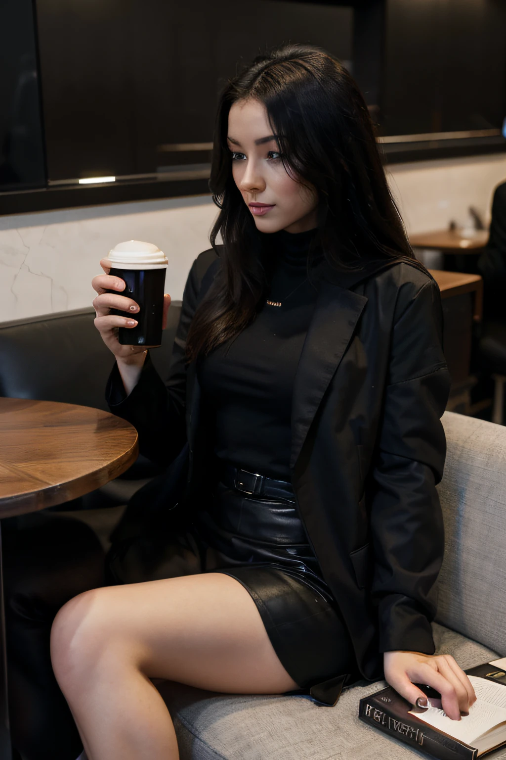 "Young Digital Marketing Millionaire, with a book having a coffee. Estilo Matriz de Roupa Preta"