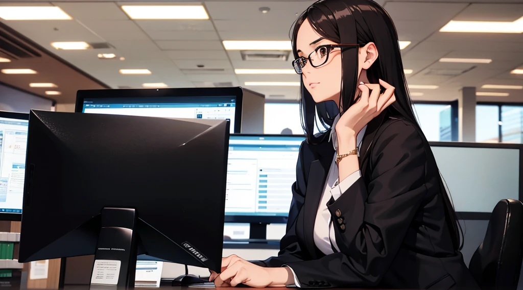 1woman, 30 years old, long black hair, brown eyes, glasses, wearing office clothing, office work cubicle, high res, ultrasharp, 8K, masterpiece, side profile,