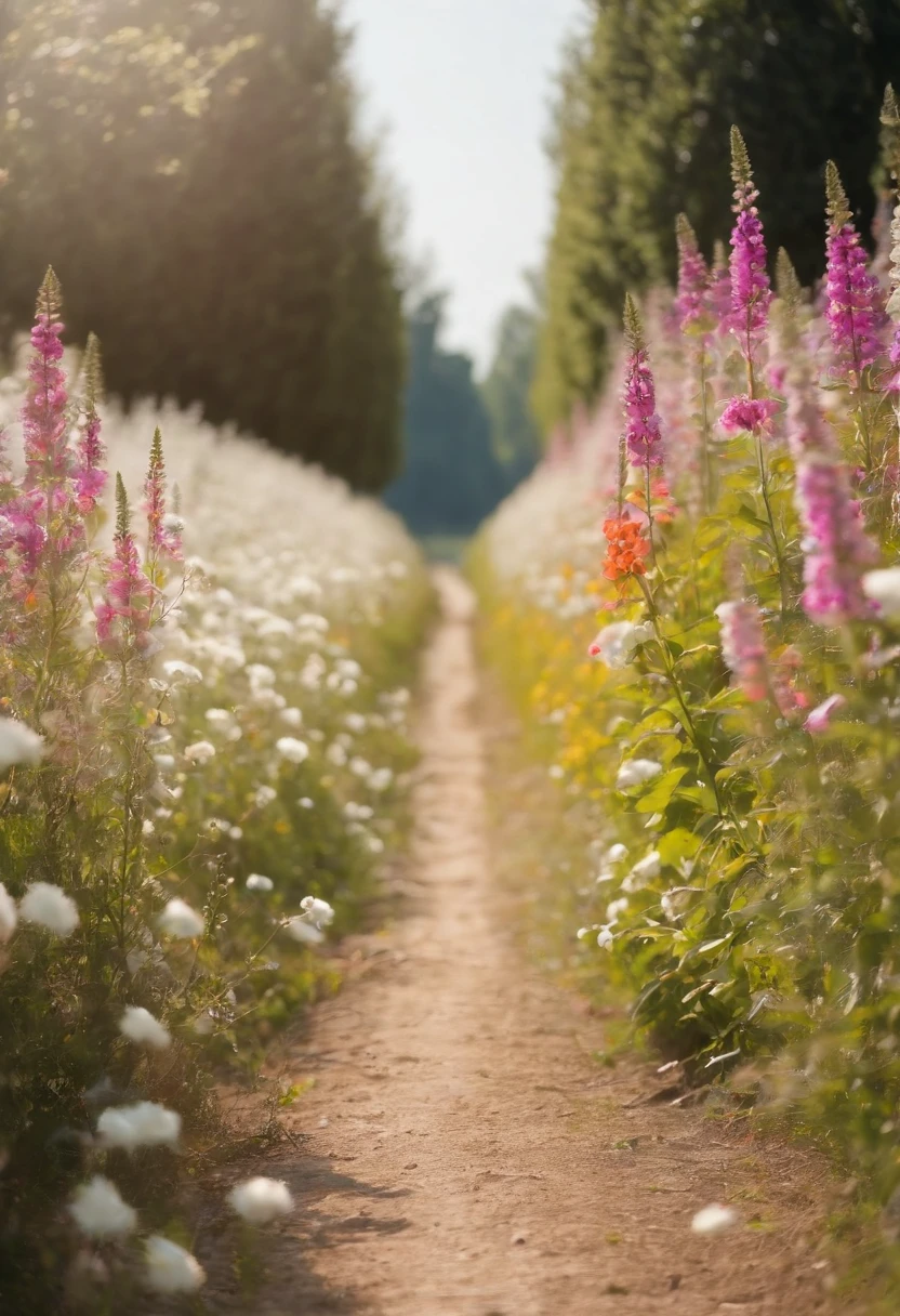 in a field of flowers, There are flowers, The aesthetic realm of flowers,White flowers,vast flower fields,There is a path in the middle of the flower field,There is a path in the center of the screen,There is a very narrow road,The road leads to the distance,Sunnyday,and the sun was shining brightly,The weather was nice,Things are real when seen up close, But it’s blurry in the distance.,A large field of flowers,The picture is vivid,フォトリアリスティック,detail-rich