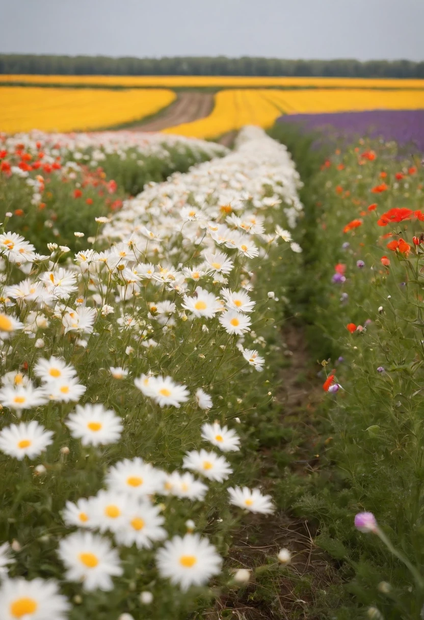 in a field of flowers, There are flowers, The aesthetic realm of flowers，White flowers，vast flower fields，There is a path in the middle of the flower field，There is a path in the center of the screen，There is a very narrow road，The road leads to the distance，Sunnyday，and the sun was shining brightly，The weather was nice，Things are real when seen up close, But it’s blurry in the distance.，A large field of flowers，The picture is vivid，フォトリアリスティック，detail-rich