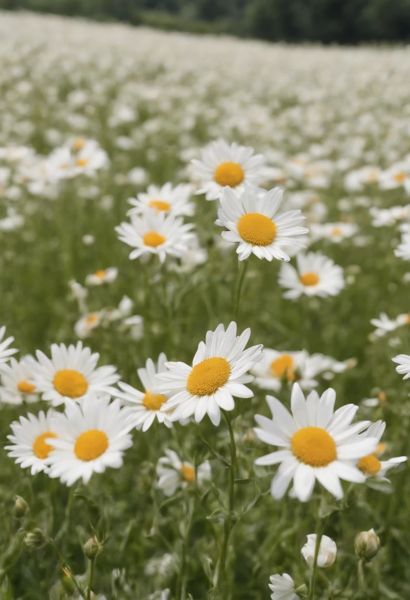 in a field of flowers, There are flowers, The aesthetic realm of flowers,White flowers,vast flower fields,There is a path in the middle of the flower field,There is a path in the center of the screen,There is a very narrow road,The road leads to the distance,Sunnyday,and the sun was shining brightly,The weather was nice,Things are real when seen up close, But it’s blurry in the distance.,A large field of flowers,The picture is vivid,フォトリアリスティック,detail-rich