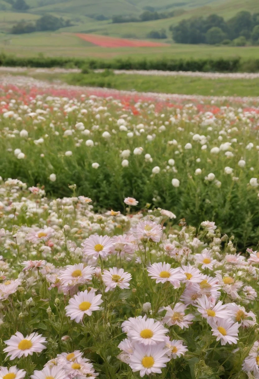 in a field of flowers, There are flowers, The aesthetic realm of flowers，White flowers，vast flower fields，There is a path in the middle of the flower field，There is a path in the center of the screen，There is a very narrow road，The road leads to the distance，Sunnyday，and the sun was shining brightly，The weather was nice，Things are real when seen up close, But it’s blurry in the distance.，A large field of flowers，The picture is vivid，フォトリアリスティック，detail-rich