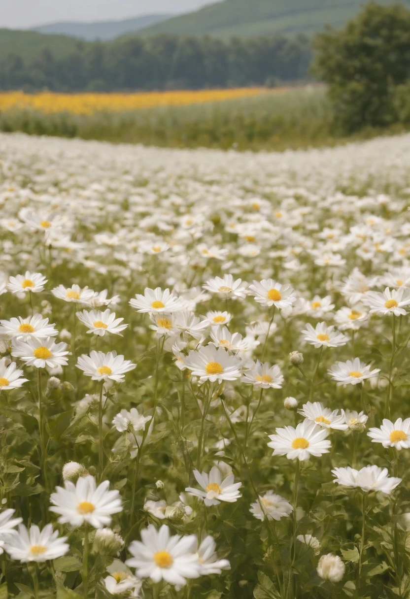in a field of flowers, There are flowers, The aesthetic realm of flowers，White flowers，vast flower fields，There is a path in the middle of the flower field，There is a path in the center of the screen，There is a very narrow road，The road leads to the distance，Sunnyday，and the sun was shining brightly，The weather was nice，Things are real when seen up close, But it’s blurry in the distance.，A large field of flowers，The picture is vivid，フォトリアリスティック，detail-rich