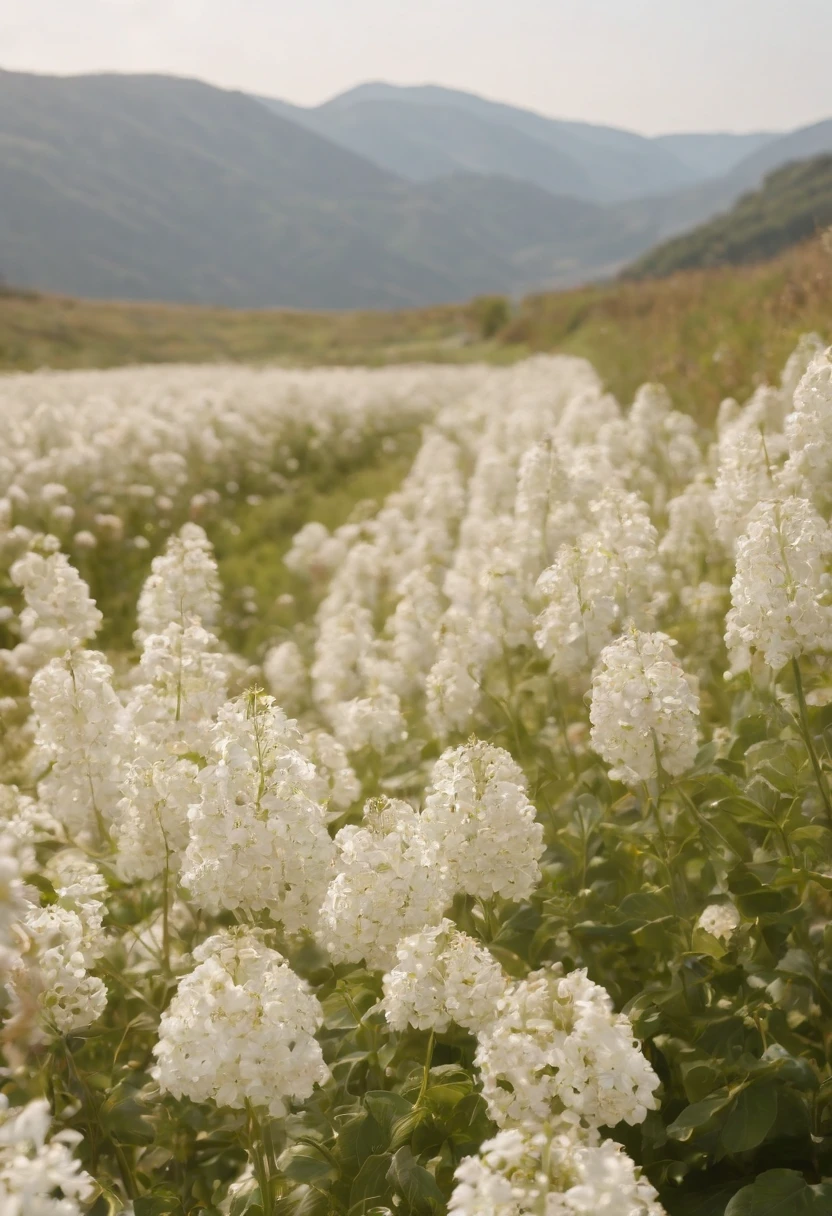 in a field of flowers, There are flowers, The aesthetic realm of flowers,White flowers,vast flower fields,There is a path in the middle of the flower field,There is a path in the center of the screen,There is a very narrow road,The road leads to the distance,Sunnyday,and the sun was shining brightly,The weather was nice,Things are real when seen up close, But it’s blurry in the distance.,A large field of flowers,The picture is vivid,フォトリアリスティック,detail-rich