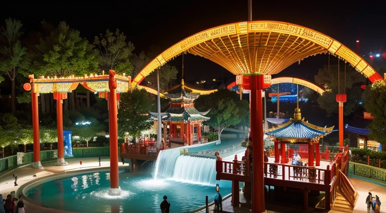 An amusement park with Chinese-style architecture，Aerial viewing angle，There are mountains and waters，Has cloud effect，estilo fantasia，Chinese style elements，Various playground facilities with Chinese style elements