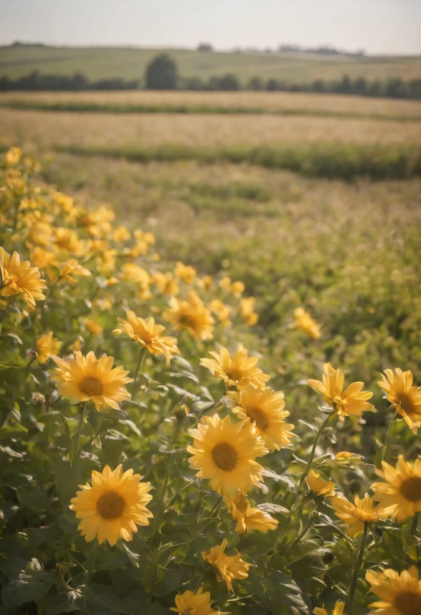 in a field of flowers, There are flowers, The aesthetic realm of flowers,White flowers,vast flower fields,There is a path in the middle of the flower field,There is a path in the center of the screen,There is a very narrow road,The road leads to the distance,Sunnyday,and the sun was shining brightly,The weather was nice,Contre-Jour,The light from the back window is backlighted,Things are real when seen up close, But it’s blurry in the distance.,A large field of flowers,The picture is vivid,フォトリアリスティック,detail-rich