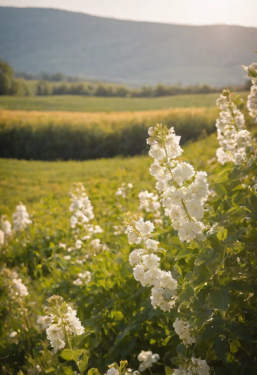 in a field of flowers, There are flowers, The aesthetic realm of flowers，White flowers，vast flower fields，There is a path in the middle of the flower field，There is a path in the center of the screen，There is a very narrow road，The road leads to the distance，Sunnyday，and the sun was shining brightly，The weather was nice，Contre-Jour，The light from the back window is backlighted，Things are real when seen up close, But it’s blurry in the distance.，A large field of flowers，The picture is vivid，フォトリアリスティック，detail-rich