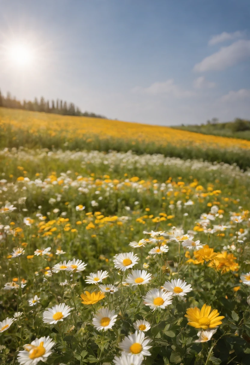 in a field of flowers, There are flowers, The aesthetic realm of flowers，White flowers，vast flower fields，There is a path in the middle of the flower field，There is a path in the center of the screen，There is a very narrow road，The road leads to the distance，Sunnyday，and the sun was shining brightly，The weather was nice，Contre-Jour，The light from the back window is backlighted，Things are real when seen up close, But it’s blurry in the distance.，A large field of flowers，The picture is vivid，フォトリアリスティック，detail-rich