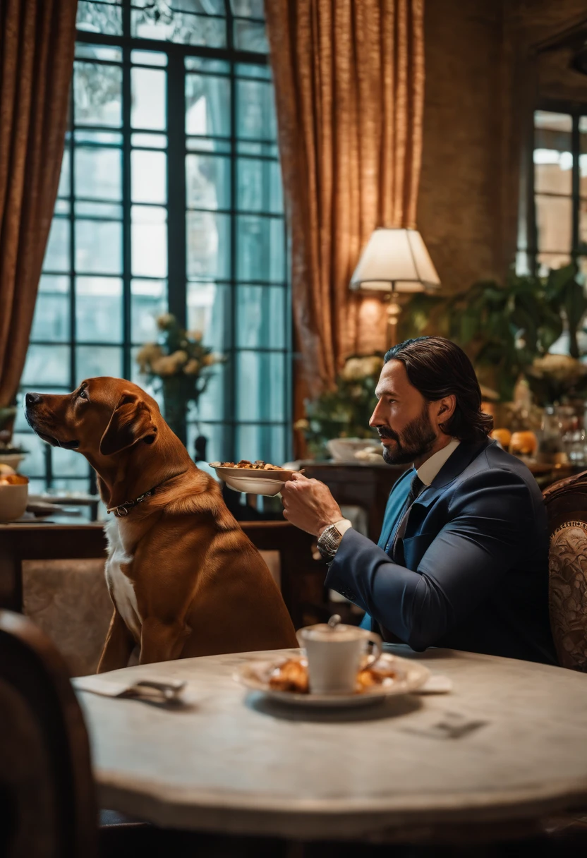 A photo of a hit man enjoying a relaxing Sunday morning brunch with a fierce-looking guard dog sitting at the table.,original,John Wick, male